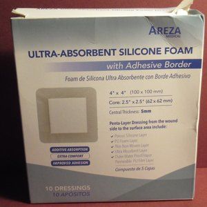 Areza 4 x 4 Ultra-Absorbent Silicone Foam Dressing with Border Box of 10